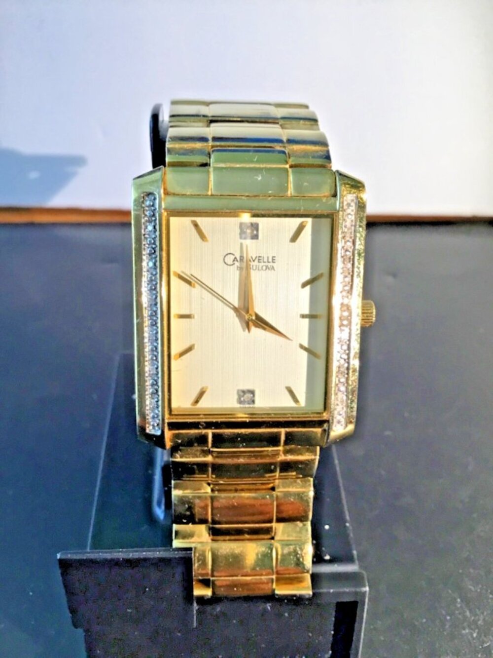 Caravelle by Bulova Gold Tone Diamond Accent Tank Watch C923014 - Running-